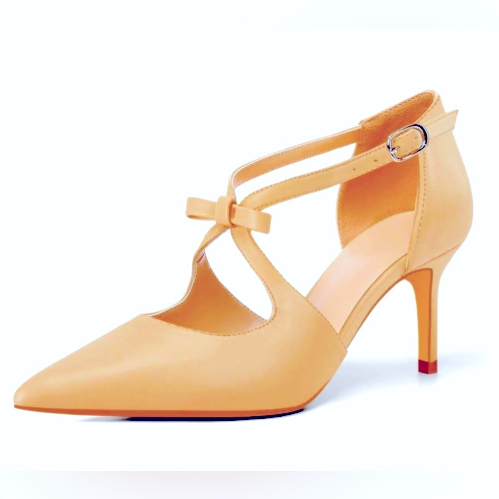 Women’s Low Kitten Heels, Pointed Toe Pumps, Bow Tie D'Orsay, Khaki, Sz 11